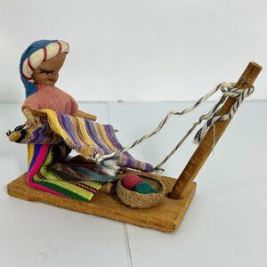 Vintage Folk Art Weaving Woman Guatemala Latin Figurine Souvenir Wood Yarn
